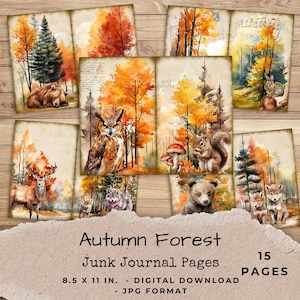 Fall Woodland Animals Junk Journal Pages - 15 Autumn Forest Printable Wildlife Papers - Digital Journal Kit - Instant Download