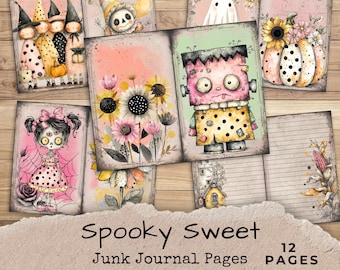 May include: A collection of twelve "Spooky Sweet" junk journal pages. The pages feature whimsical illustrations of Halloween-themed characters, including witches, ghosts, and Frankenstein's monster, with floral and pumpkin accents. The pages are 8.5 x 11 inches and a digital download.