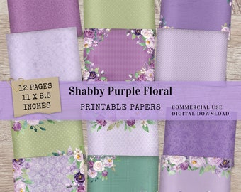 Shabby Purple Floral Junk Journal Paper - 12 digitale bloemen plakboekpagina's afdrukbaar collagevel kortstondig voor Paper Craft - JJ025