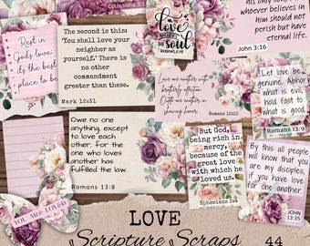 Utskrivbara bönetavlor - Kärleksskriftställen, ephemera för bibeljournaling eller kristen skräpjournal - rosa blommor
