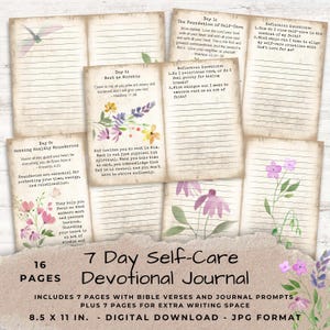 May include: A digital download of a 7-day self-care devotional journal. The journal includes 16 pages with bible verses, journal prompts, and extra writing space. The pages are decorated with floral illustrations and handwritten text. The journal measures 8.5 x 11 inches.