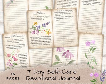 May include: A digital download of a 7-day self-care devotional journal. The journal includes 16 pages with bible verses, journal prompts, and extra writing space. The pages are decorated with floral illustrations and handwritten text. The journal measures 8.5 x 11 inches.