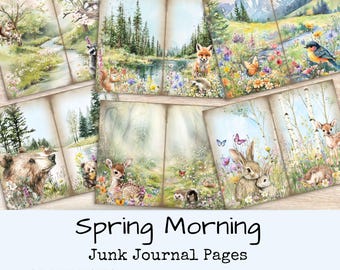 May include: Twelve digital printable pages for junk journaling featuring a spring theme. The pages include images of a forest, a deer, a fox, a rabbit, a bear, and a bird. The pages are 8.5 by 11 inches.
