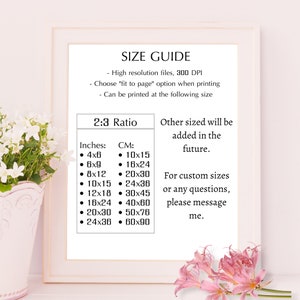 May include: A size guide for printable art prints with a 2:3 ratio. The guide lists dimensions in inches and centimetres, including sizes like 4x6 inches, 6x9 inches, 8x12 inches, 10x15 inches, 12x18 inches, 16x24 inches, 20x30 inches, and 24x36 inches. The guide also mentions that other sizes will be added in the future and encourages customers to contact the seller for custom sizes or questions.