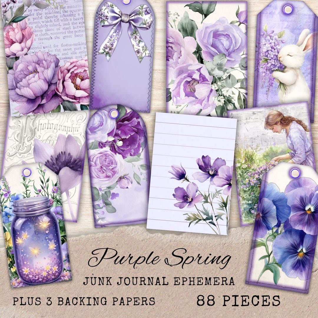 Purple Floral Junk Journal Ephemera - Printable Spring Journaling Cards ...