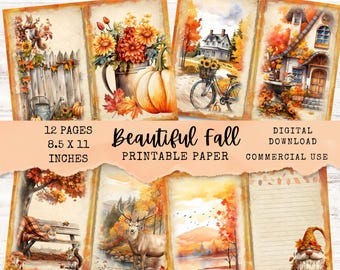 May include: 12 printable pages featuring autumn scenes, including a pumpkin, a house, a deer, a gnome, and a bicycle. The pages are 8.5 x 11 inches and are for digital download and commercial use.