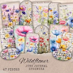 Wildflower Ephemera - Printable Floral Tags and Cards for Junk Journal - Colorful Flower Digital Collage Pieces