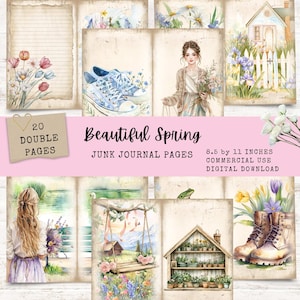 Frühling Junk Journal Seiten - 20 druckbare Blumen Papiere - Digitales Scrapbook Ephemera