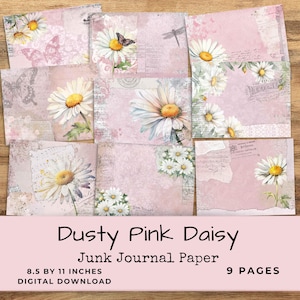 Dusty Pink Daisy Junk Journal Paper - 9 Digital Shabby Flower Scrapbook Pages Printable Ephemera Collage Sheets