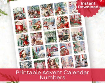 May include: Printable advent calendar numbers with vintage Christmas illustrations. Each square features a unique festive image and a number from one to twenty-four. The text "Printable Advent Calendar Numbers" is displayed at the bottom.