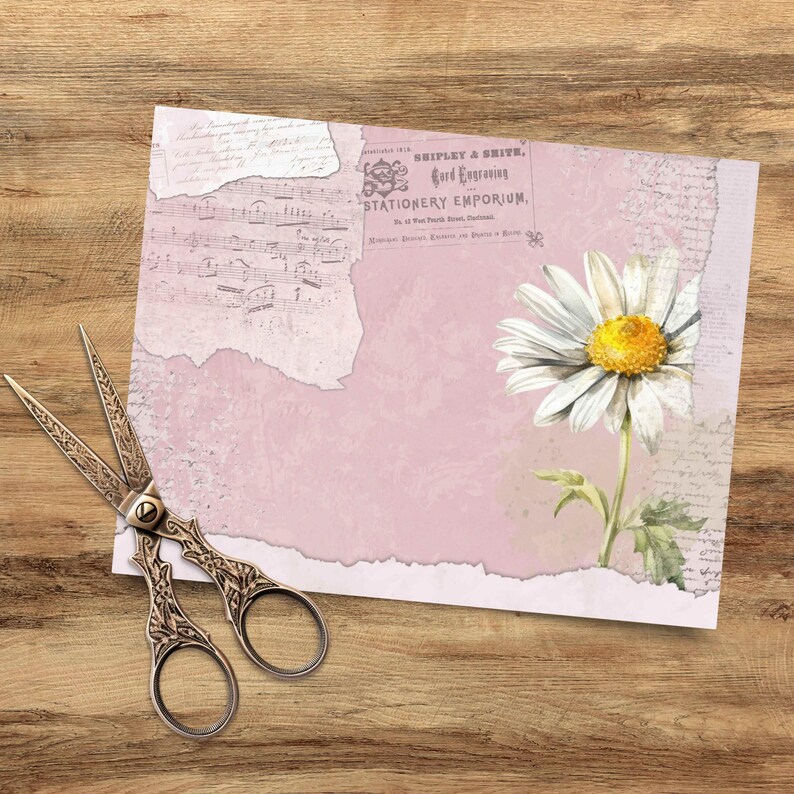 Dusty Pink Daisy Junk Journal Paper - 9 Digital Shabby Flower Scrapbook ...