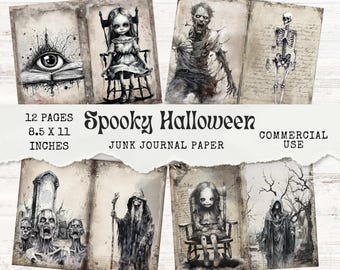 Può includere: Dodici pagine di carta per diario di scarto a tema Halloween spettrale. Ogni pagina presenta un'illustrazione diversa, tra cui una bambola inquietante, uno zombie, uno scheletro, una scena di cimitero e una figura incappucciata. La carta misura 21,6 cm per 27,9 cm ed è adatta per uso commerciale.