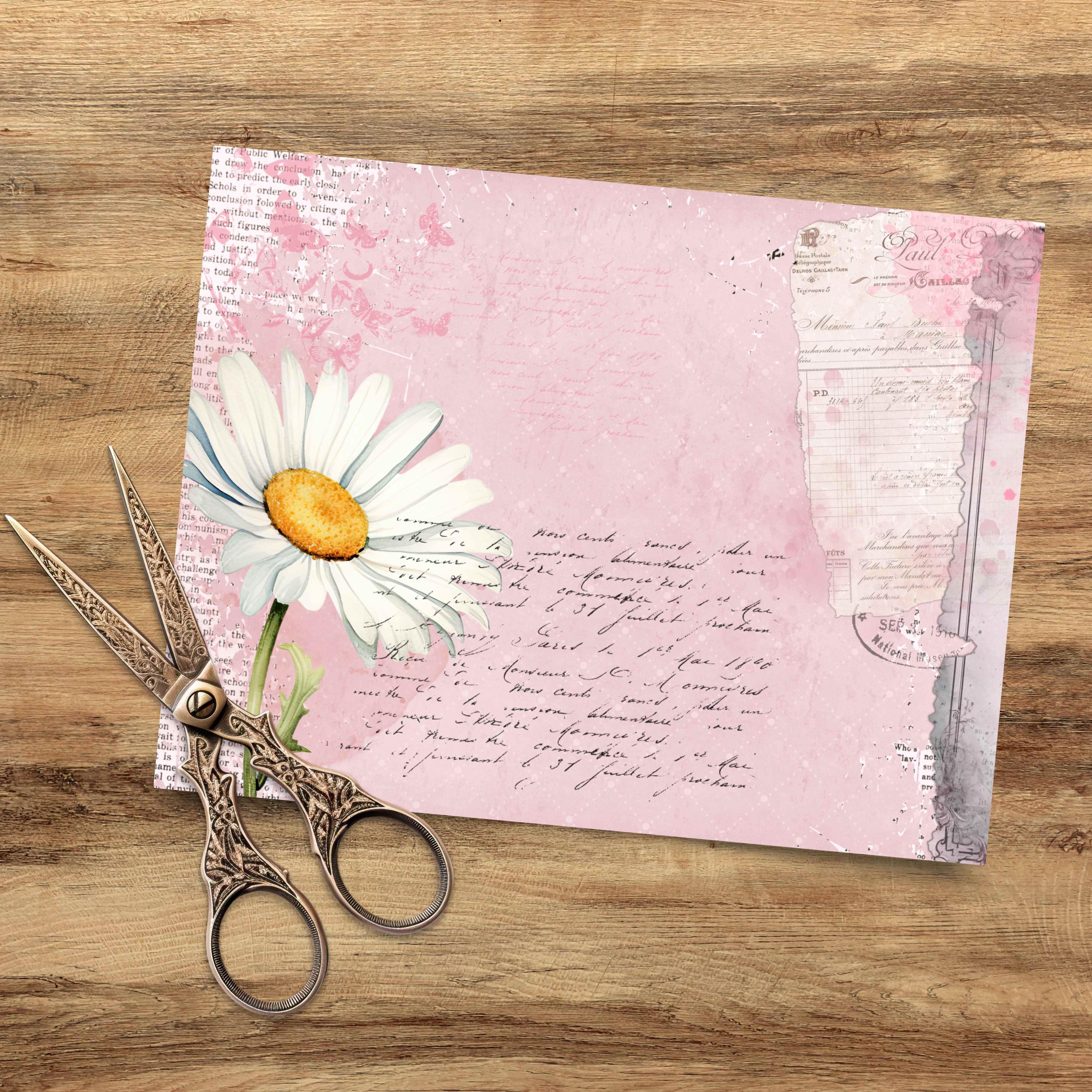 Dusty Pink Daisy Junk Journal Paper - 9 Digital Shabby Flower Scrapbook ...
