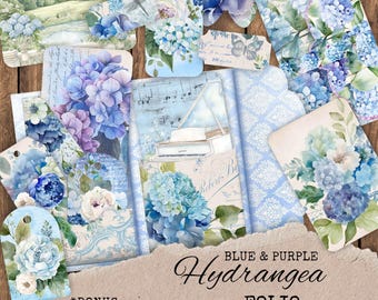 Hydrangea Folio Kit - Botanical Floral Junk Journal with Mix & Match Pockets - Printable Blue and Purple Nature Collage Ephemera