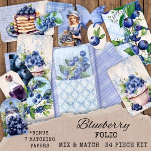 Kit de folio de arándanos: diario de frutas de verano con bolsillos combinables - Collage imprimible azul efímero