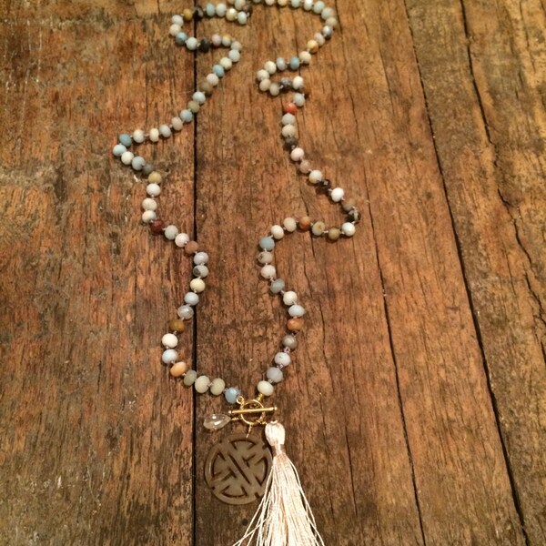 Hand Knotted Amazonite Necklace with Cream Tassel, Clear Stone and Ancient Chinese Symbol of Longevity