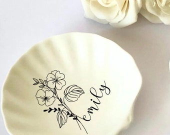 Birth month flower jewellery dish gift, trinket dish , wedding gifts,  birthday gift, personalised gifts jeweller gifts for hery dish holder