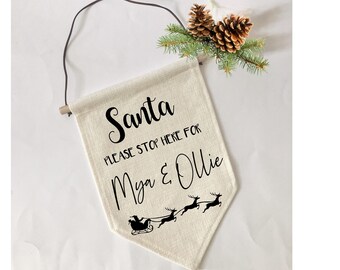 Weihnachtsbanner Fahne, Santa Stop hier Schild Weihnachtsdekoration Weihnachtsbanner, Wandbehang, Leinwandbanner, personalisiertes Schild