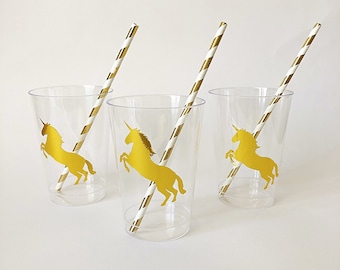Unicorn party cups, personalised cups, gold decal,unicorn decal cups , plastic cups, Babyshower decor, Birthday decor