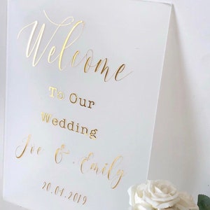 Wedding welcome sign,A1,A2, A3 sign decal vinyl names, gold script font letters, acrylic sign 2021 wedding MacBook decal, wall decal image 1