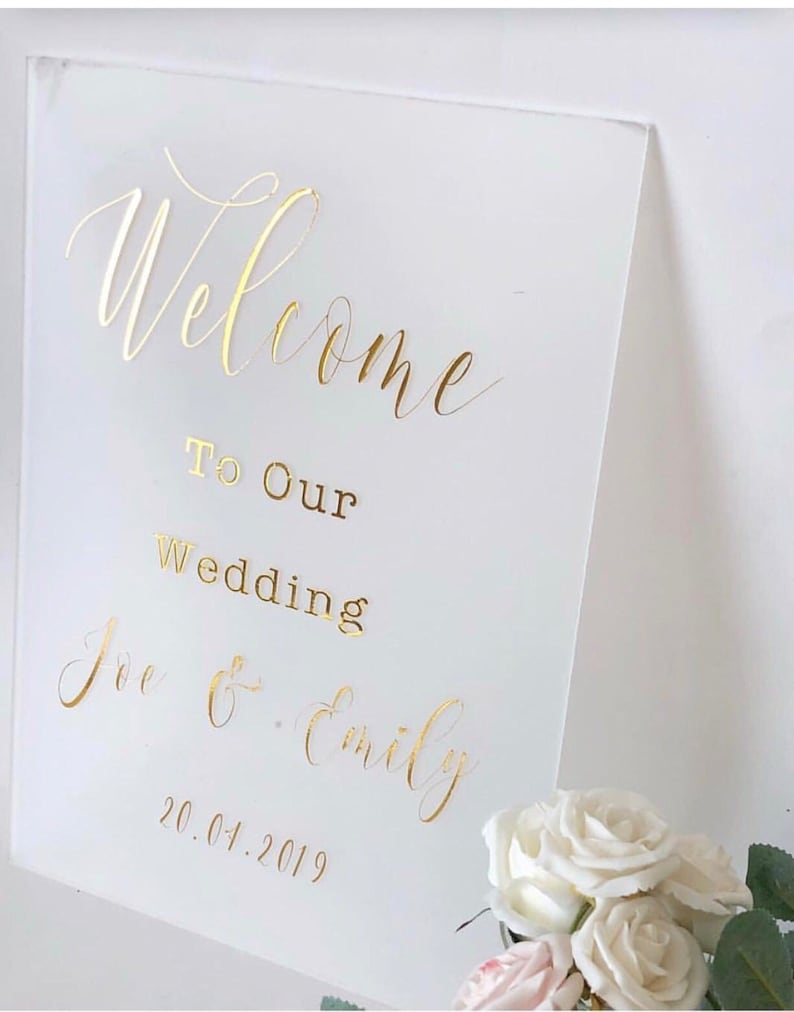 Wedding welcome sign,A1,A2, A3 sign decal vinyl names, gold script font letters, acrylic sign 2021 wedding MacBook decal, wall decal image 1