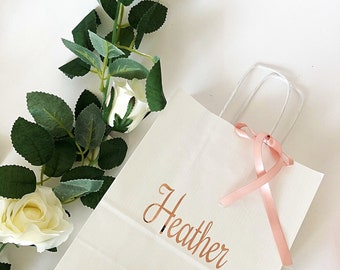 Bridesmaids gift bags rose gold gift bag persona lised  gift bags,party  bags  , bridal party gift rosegold ribbon   wedding gift bags