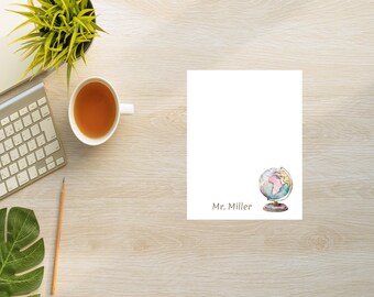 Personalized World Globe Notepad, Watercolor Teacher Gift