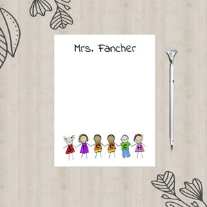 May include: White notepad with the text "Mrs. Fancher" at the top. The bottom of the notepad features a line of stick figures holding hands, each with a letter of the word "SPEECH" on their shirts.