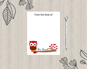 Valentine's Gift| Hearts notepad| Gift with hearts| Valentine's notepad|  Red owl teacher notepad| Red heart personalized notepad