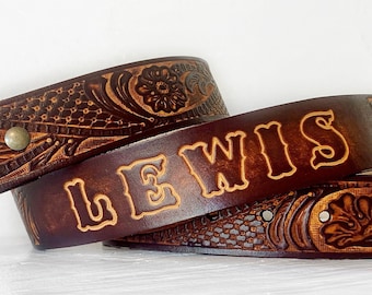 Handmade Tooled Leather Belt with Personalized Name, Fathers Day Gifts, Personalized Gifts For Husband, Wedding Gifts, Mens Leather Belts