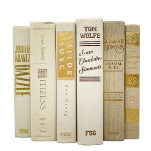 LARGE Ivory and Gold Decorative Books - Vintage Cloth Bound Books with Gold Shimmering Lettering