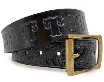 Personalized Black Leather Belt Father's Day Gift with Tooled Custom Name - Free Personalization - Personalized Gift for Him or Her
