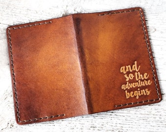 Personalized Leather Passport Holder Travel Wallet, And So The Adventure Begins, Passport Cover, Genuine Leather, Wanderlust