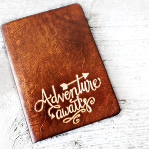 Personalized Passport Cover, Adventure Awaits Travel Quote Passport Holder Travel Wallet Leather, Handmade, Perfect Travel Graduation Gift