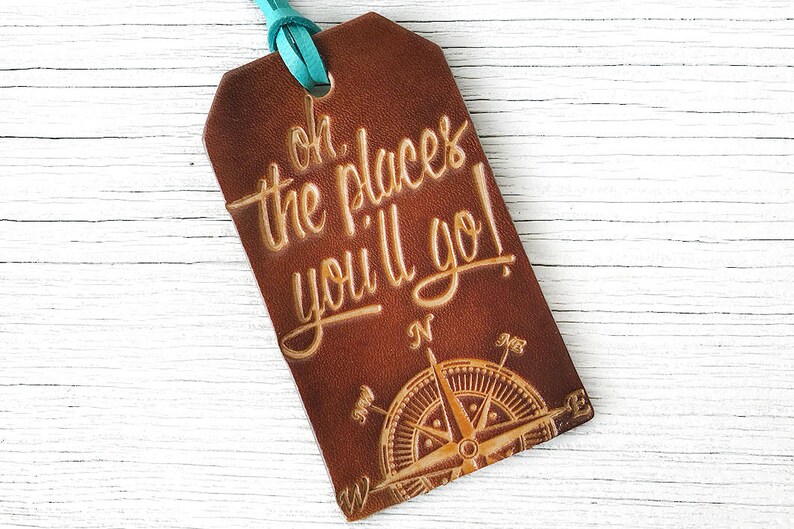 Leather Luggage Tag, Oh The Places You'll Go Travel Quote Travel Gift, Great Stocking Stuff or Graduation Gift zdjęcie 3