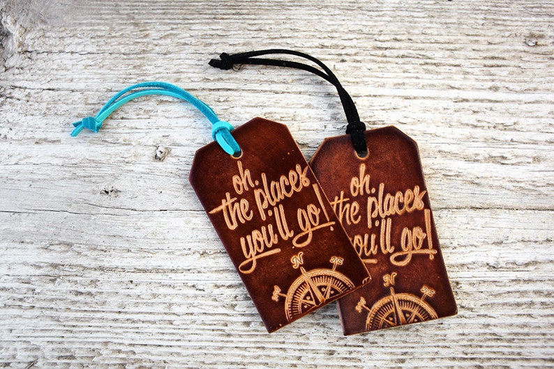 Leather Luggage Tag, Oh The Places You'll Go Travel Quote Travel Gift, Great Stocking Stuff or Graduation Gift zdjęcie 6