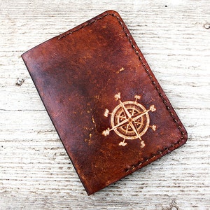 Leather Passport Cover Personalized, Compass, Genuine Leather Nautical Travel Gift Passport Holder, Wanderlust