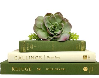 Botanical Home Decor - Bundle of Moss Green and Beige Decorative Book Stack for Home Staging - Nature, Rustic, Farmhouse Room Decor