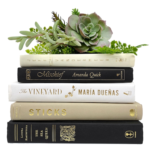 Bundle of Black, Beige, Ivory, Tan, White Decorative Books - Real Hardcover Bookshelf Insert - Holiday Decor Vintage Stack of Books