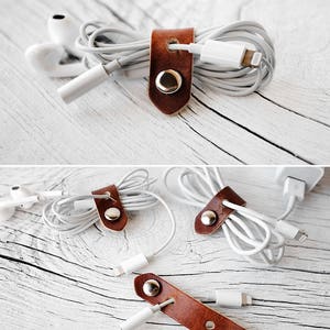Leather Cord Organizers Tech Accessories, Great Stocking Stuffers Leather iPhone Lightning Charger Cord Keeper Holder Organizer image 9