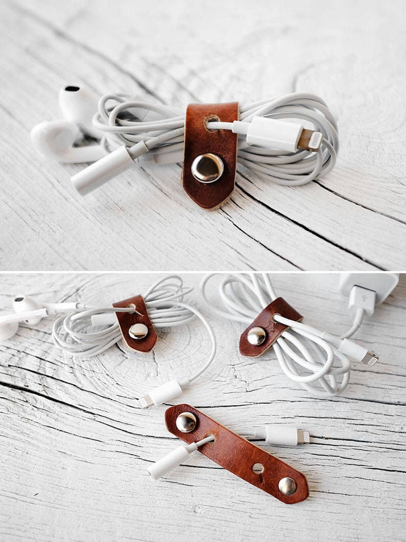 Leather Cord Organizers Tech Accessories, Great Stocking Stuffers Leather iPhone Lightning Charger Cord Keeper Holder Organizer image 9