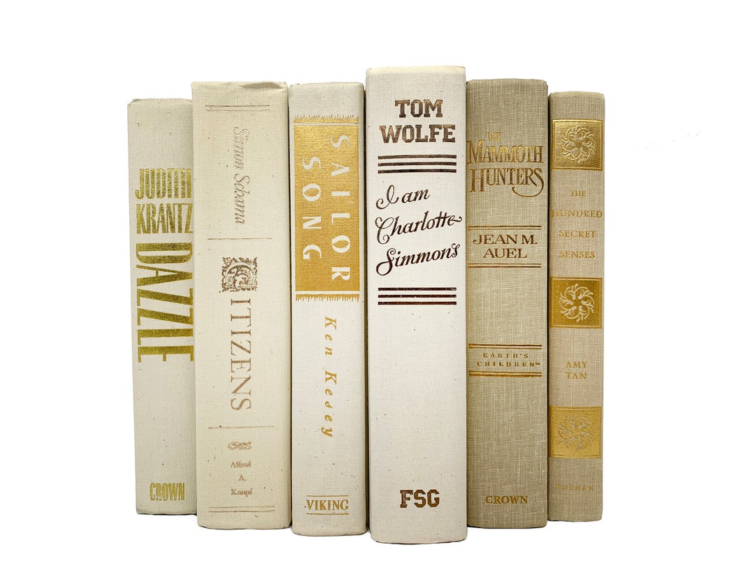 LARGE Ivory and Gold Decorative Books Vintage Cloth Bound Books With