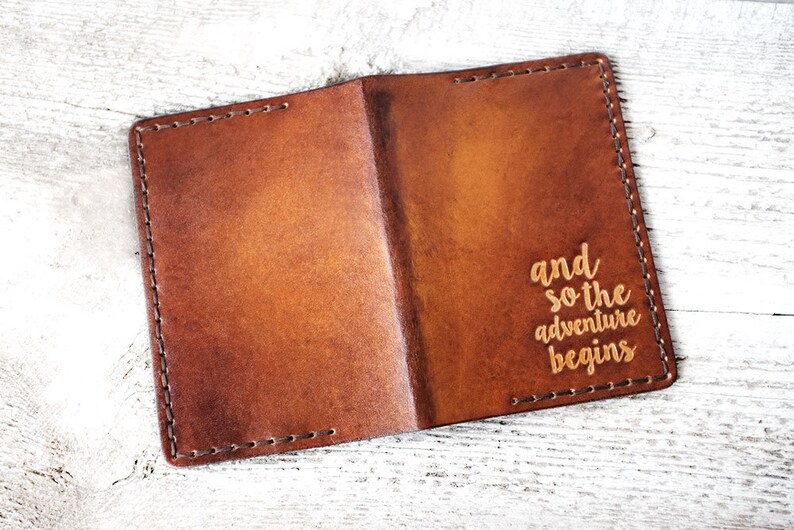 Personalized Leather Passport Holder Travel Wallet, And So The Adventure Begins, Passport Cover, Genuine Leather, Wanderlust image 1