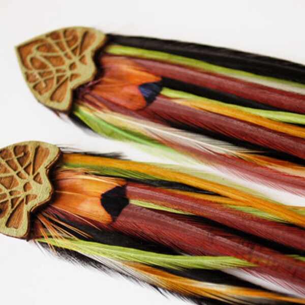 Super Long and Luscious Maroon and Lime Green Feather Earrings Posts Etched Art Nouveau Wooden Component Sustainable Lightweight