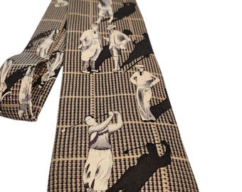 Vtg Pinehurst 100% Silk Tie Graphic 50's Golfers 60"×4" Classic Y2K
