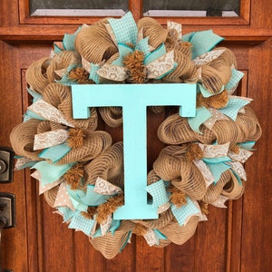 Teal and tan monogram everyday wreath, Monogram wreath, Everyday wreath, Custom wreath