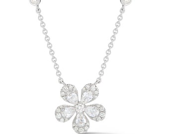 Pear Shaped & Round Diamonds With .70cts 18K Gold Diamond Flower Necklace