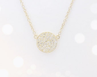 Diamond Disc Necklace - 14k yellow, white, rose gold - pave set diamonds - natural diamonds