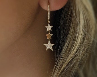 Diamond Star Drop Earrings in 14K White, Rose, or Yellow