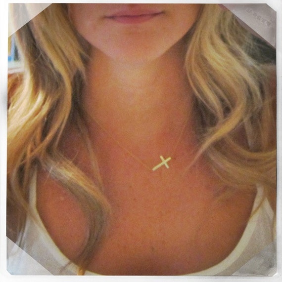 Medium 14k Gold Off center Sideways Cross Necklace Etsy